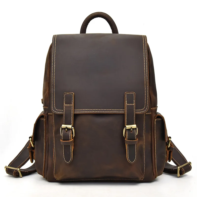 100% Cow Genuine Leather Men Backpacks Vintage Real Natural Leather Student Backpack Boy Luxury Crazy Horse Computer Laptop Bag