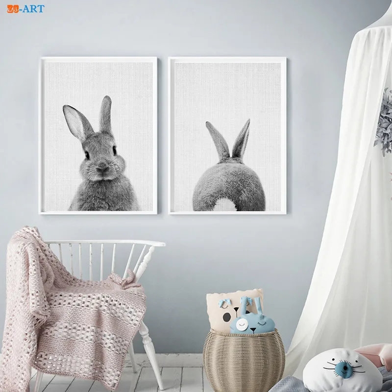 Черно белый кролик художественный Печатный постер детский животный холст