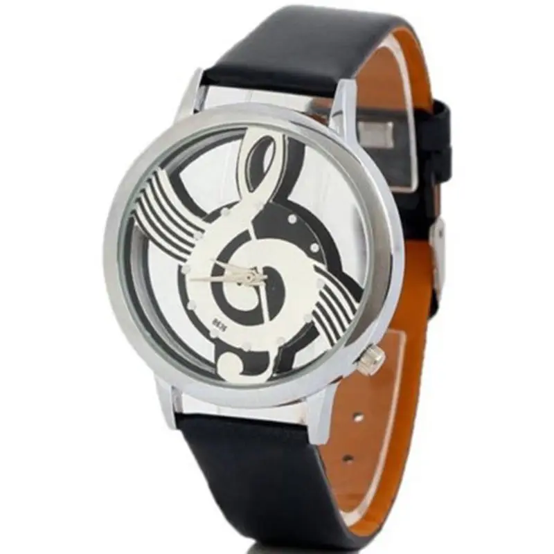 

Reloj mujer Fashion Exquisite Geneva Women quartz watch Black Leather Straps Transparent hollow Musical Note Lady Dress watch