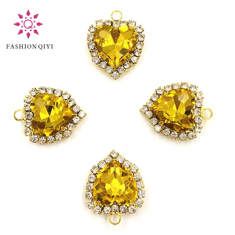 Бесплатная доставка, 12 мм, золотая, желтая, в форме сердца, Золотая основа, одна петля, Хрустальная кнопка, плоское стекло, пришивные стразы, аксессуары «сделай сам»