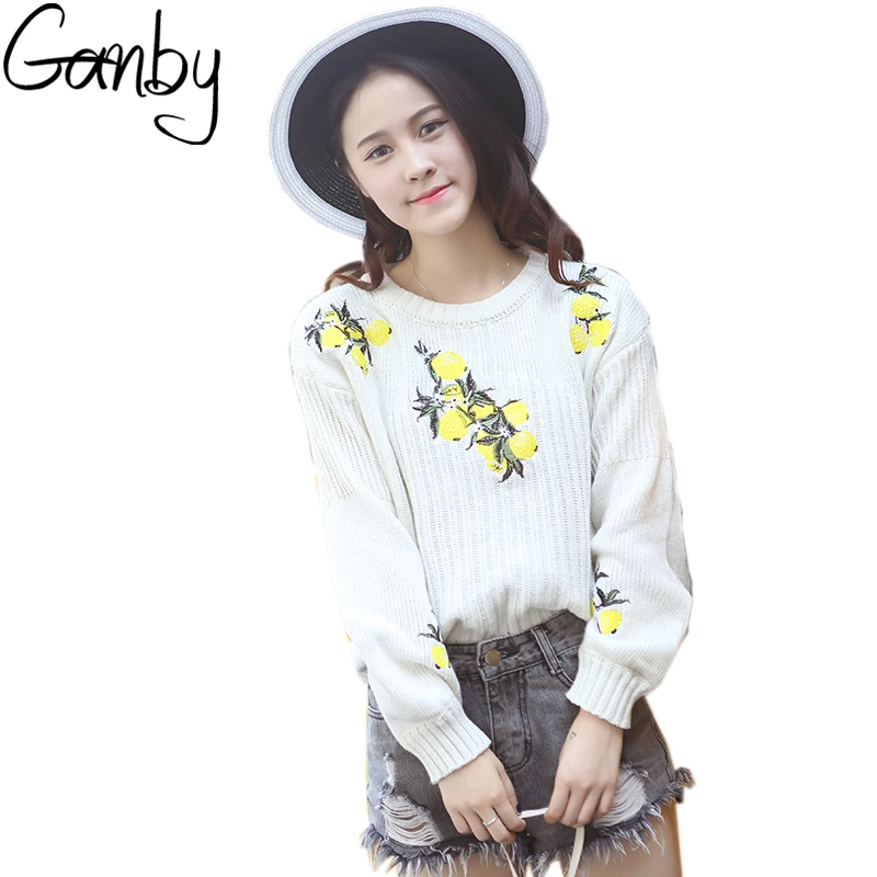 Hiqh качественные женские свитера 2017 Корейская Новая мода лимонная вышивка