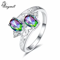 lingmei new comes luxury fashion jewelry oval cut multi white sea blue cubic zircon silver color ring size 6 9 for women