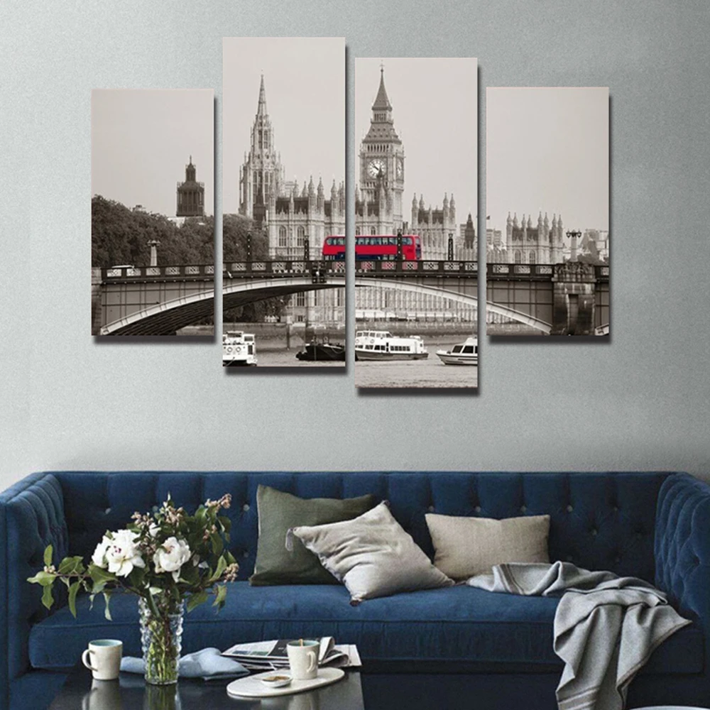 

Home Decor Canvas HD Printed Modern Painting 4 Pieces Wall Art Photo London Red Bus Poster Landscape Pictures no frame