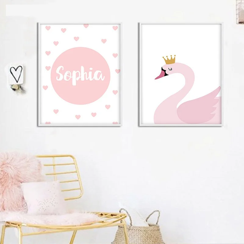Personal Name Custom Poster Cartoon Pink Swan Nursery Print Painting Decorative Picture Baby Girls Living Room Decoration | Дом и сад
