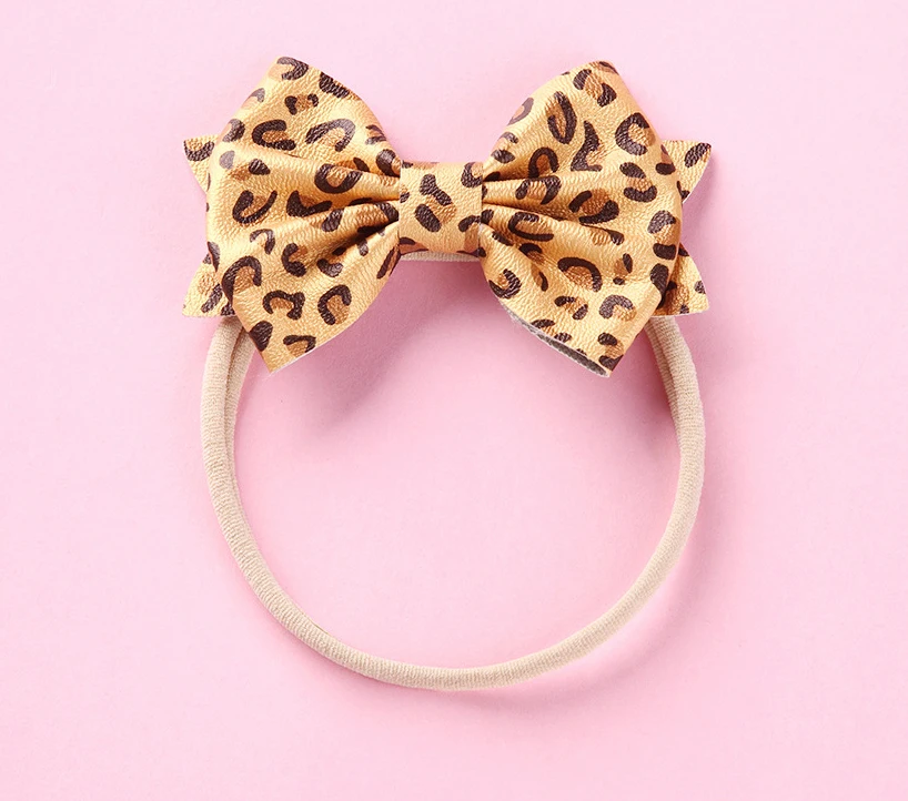 

36pc/lot 2019 New Cute Leopard Bows Nylon Headband PU Leather Hair Bows with Nylon Headband,Children Kids Girls Hair Accessories