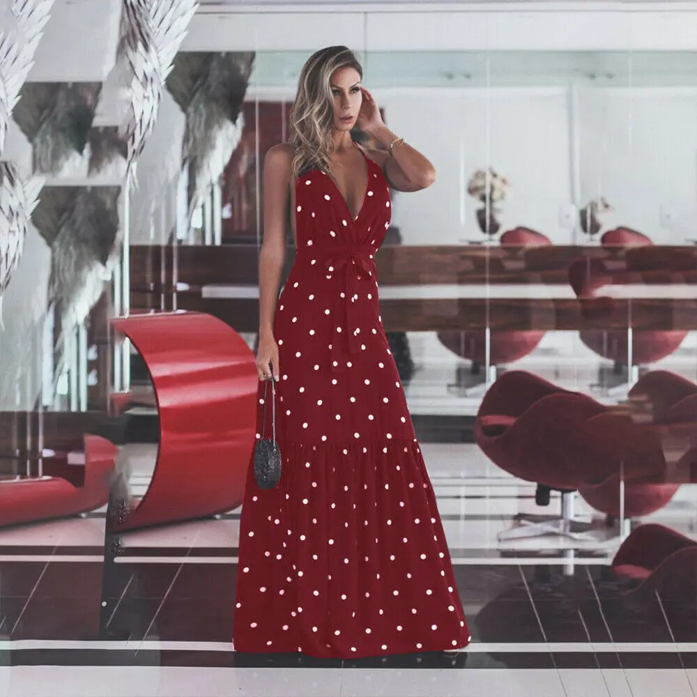 Женское женское Бандажное платье без рукавов Boho в горошек Длинное Макси летнее платье открытая спина вечерняя коктейль-вечеринка пляжное платье Сарафан