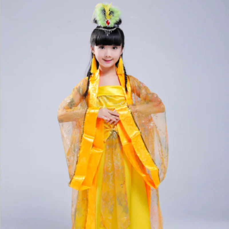 Детская одежда желтая Hanfu сказочный костюм для выступлений девочек костюмы