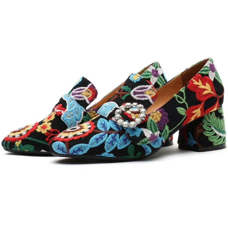 

ZVQ New High Quality Popular Embroidered Cloth Round Toe Super High Square Heel Crystal Decoration Slip-On Leisure Ladies Pumps