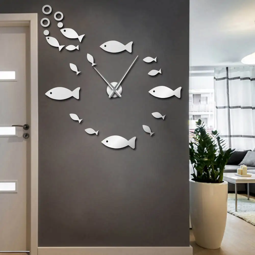 Рыба DIY большие настенные часы Shoal of Fish бескаркасные гигантские настенные часы 3D большие зеркальные настенные стикеры современный дизайн часы