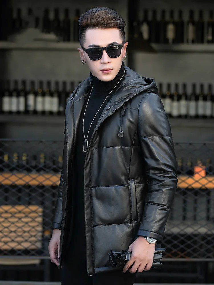 AYUNSUE Winter Sheepskin Leather Jacket Men Korean Slim Long Coat Genuine Down Hooded Clothing P-1-752 KJ1251 | Мужская одежда