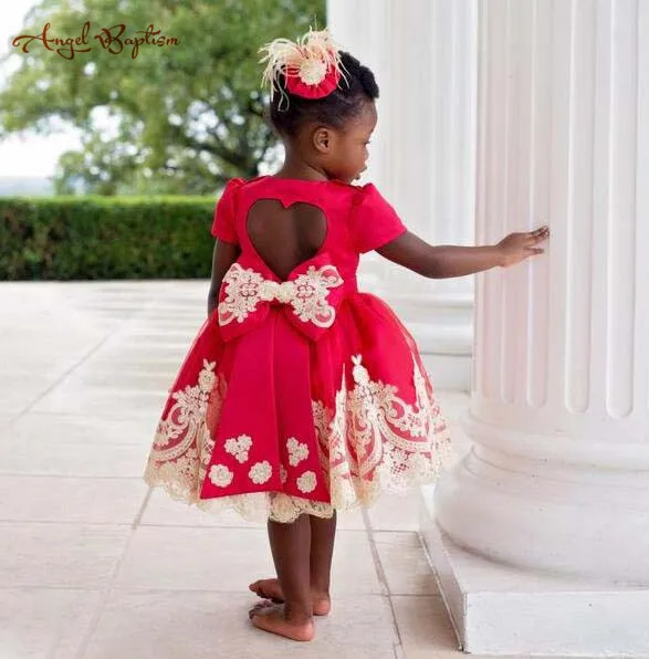 Red ball gown baby girl birthday pageant dresses princess short sleeves keyhole back prom party kids graduation outfit | Детская одежда