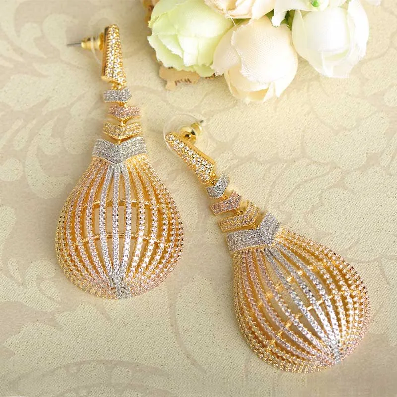 MECHOSEN Luxury Large Copper Drop Earrings For Women 3 Tones Plated Cubic Zirconia Earring Pendientes Mujer Moda Wedding Jewelry | Украшения