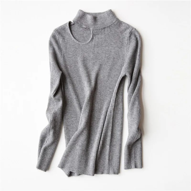 2019 spring casual solid color sweater female high collar Slim long-sleeved exposed collarbone | Женская одежда