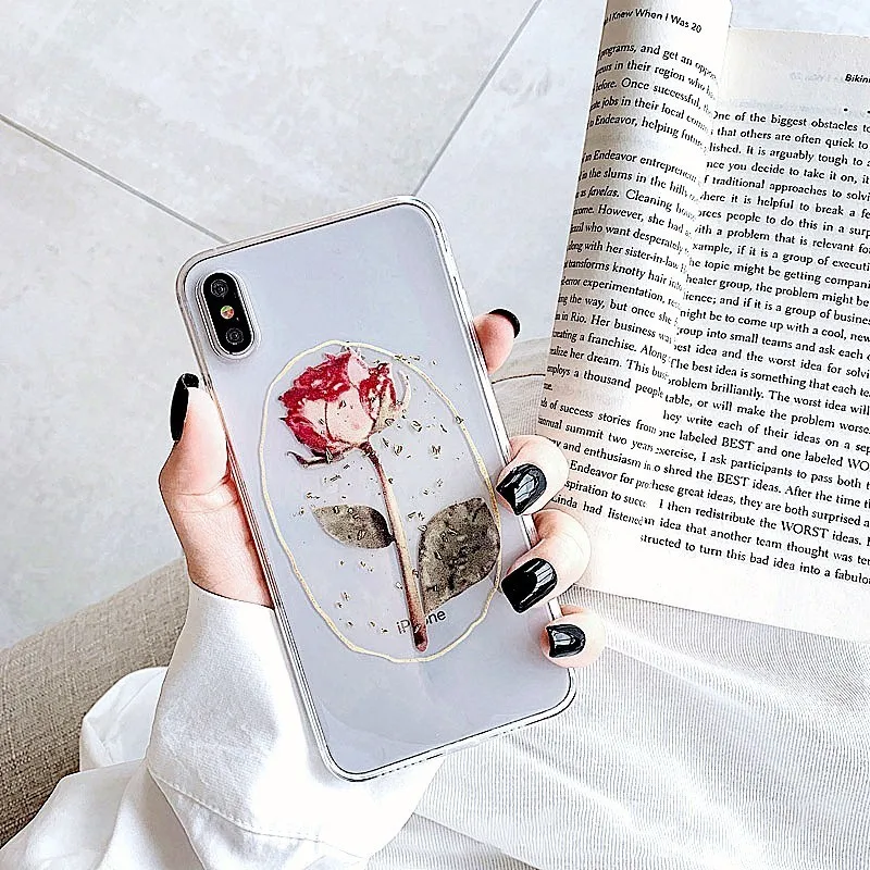 Gold Foil Rose Flower Phone Cases For iphone X Case XS Max XR 7 6 6S 8 Plus Glitter Gloss Floral Transparent Soft TPU Back Cover | Мобильные