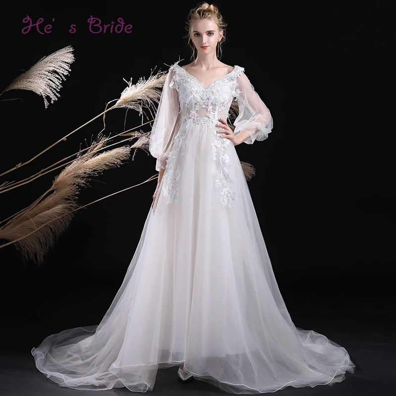 He's Bride White Elegant Evening Dresses V-neck Court Train Floor-Length Appliques Lace Illusion Prom Party Gown Robe De Soiree | Свадьбы