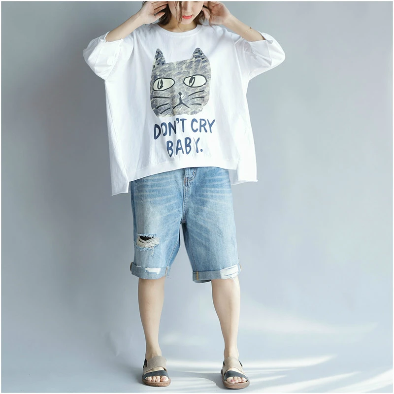 Большие размеры Kawaii Cat с буквенным принтом Футболки женские harajuku большие 4XL 5XL