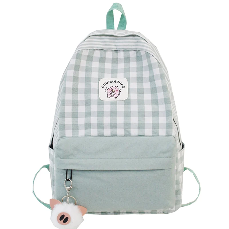 Student Female Pig Plaid Backpack Cute Women Canvas School Bags Girl Kawaii Backpack Fashion Book Ladies Teenage Bag Luxury New - Цвет: green