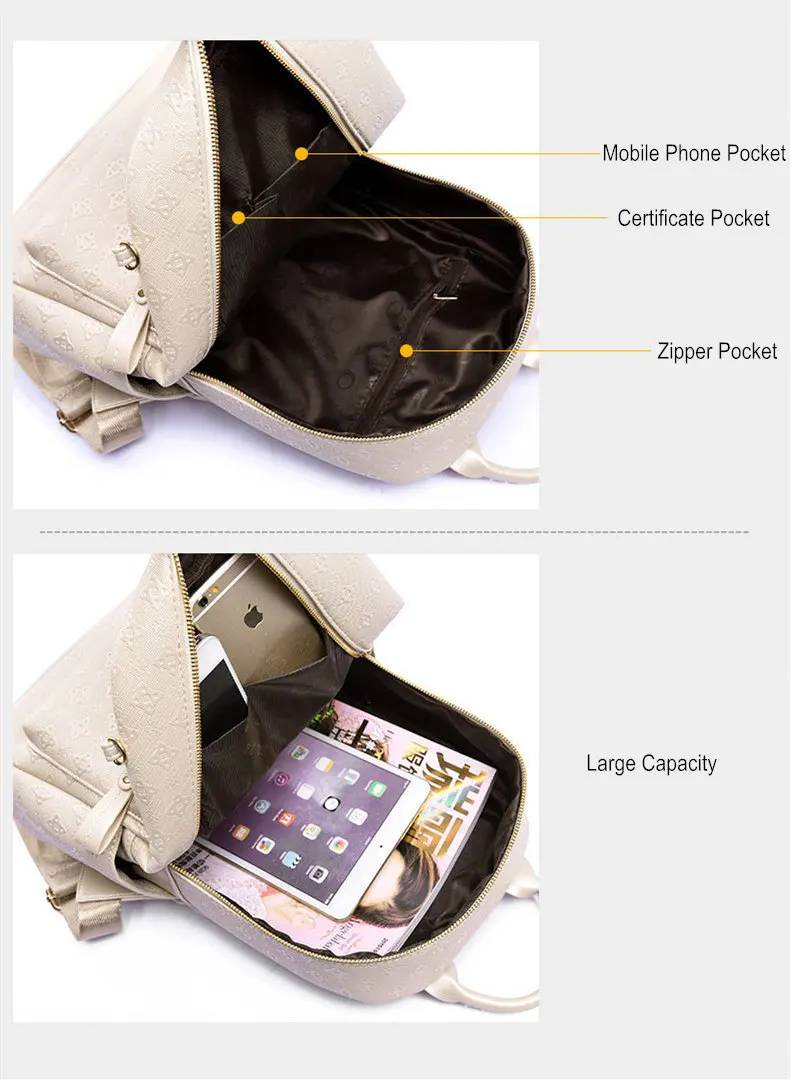 Fashion Brand Women Backpack Leather Zipper Backpack School Bags For Teenagers Girls Waterproof Travel Backpack Champagne Female