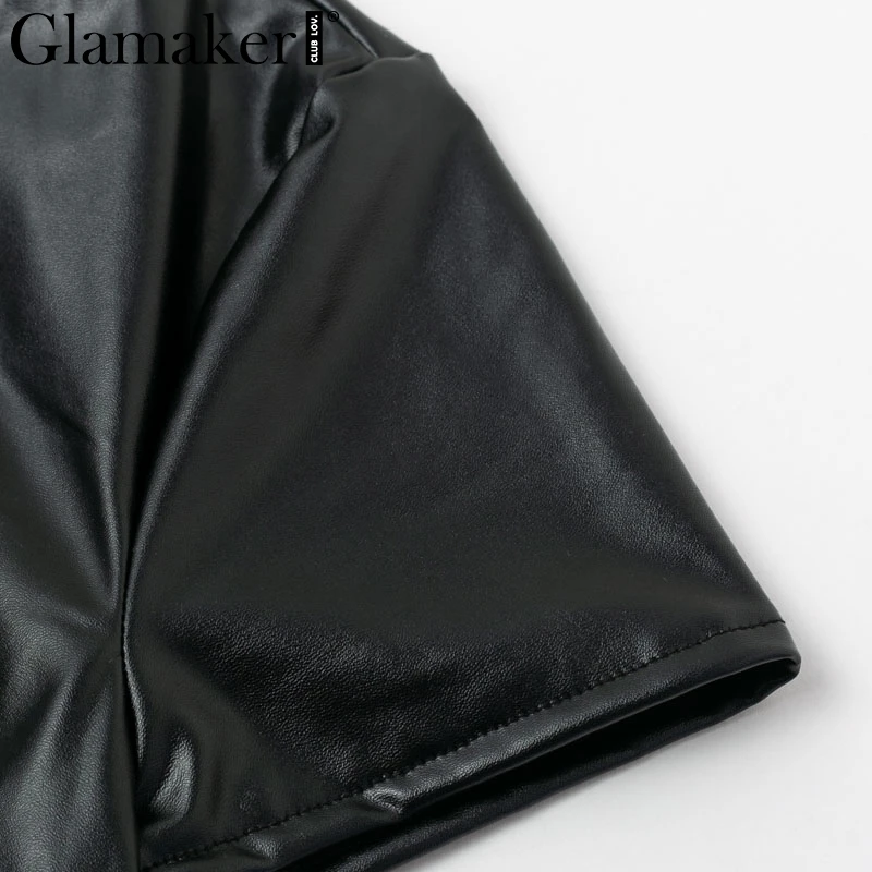 Glamaker сексуальное облегающее платье из искусственной кожи с v-образным вырезом, женские вечерние платья средней длины с высокой талией, элегантное женское осеннее черное Клубное платье на пуговицах