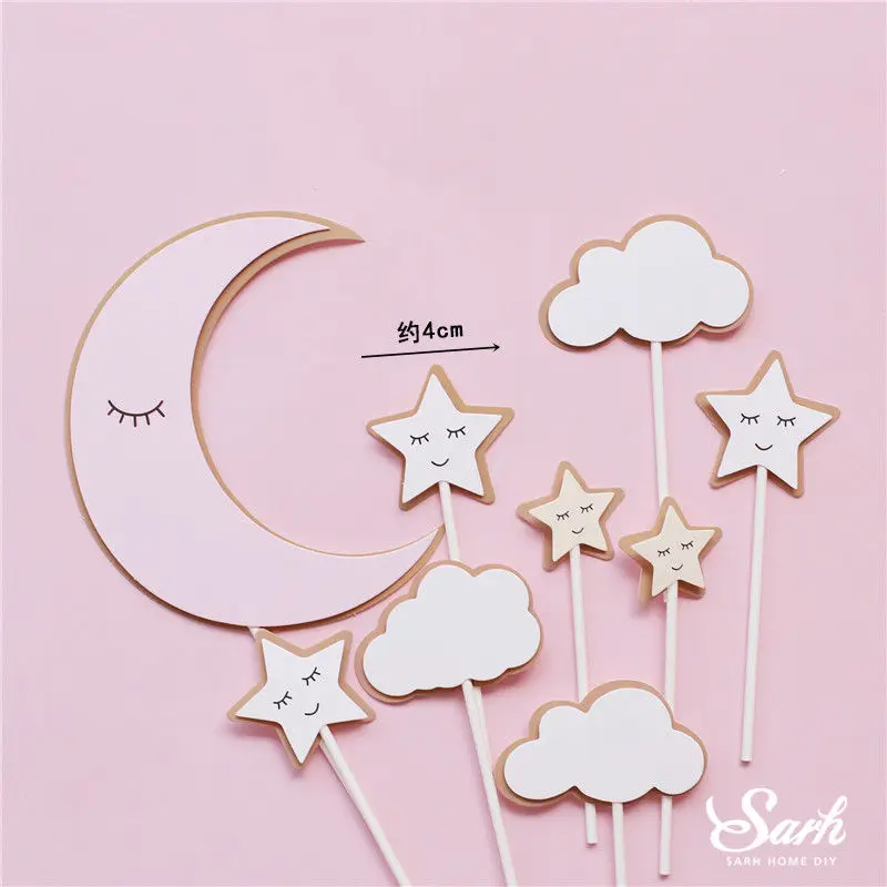 Pink moon star set Луна Звезда медведь украшения кролик счастливые топперы для торта на день рождения для свадебной вечеринки дети ребенок выпечки украшения сладкие подарки - Цвет: Pink moon star set