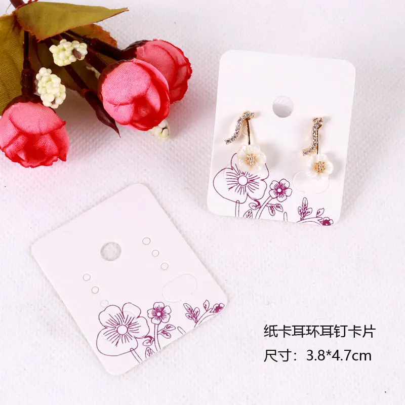 

100Pcs 3.8*4.8cm White Paper Ear Studs Card Hang Tag Jewelry Display Earring Crads Favor Label Tag with Purple Flower Color Card