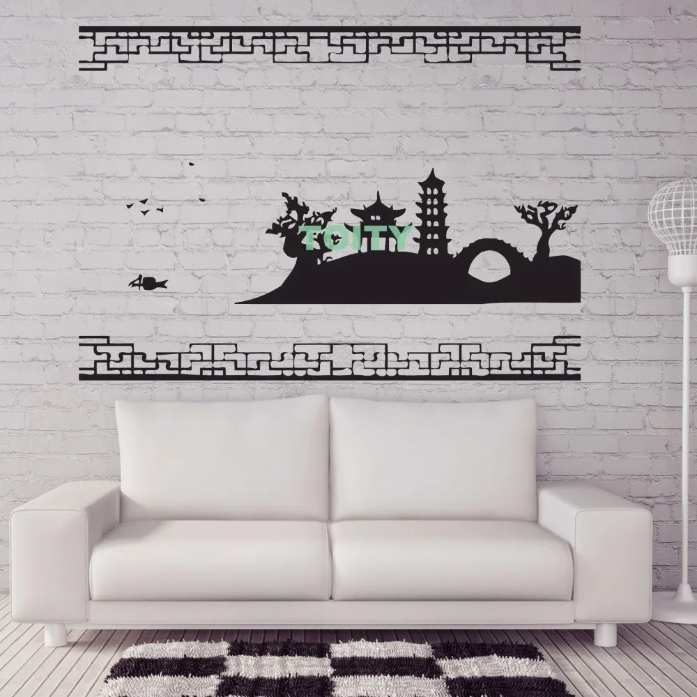 Vinyl Decal Landscape Attributes Chinese Pagoda Sakura Wall Sticker Home Room Interior Design Art Decor Murals M L | Дом и сад