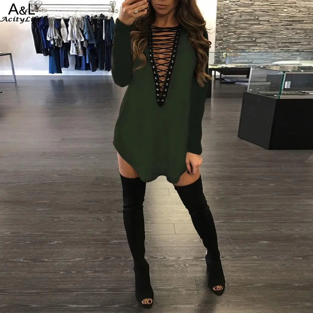 Однотонная повседневная обувь с длинным рукавом Для женщин V Neck Lace up Свободные