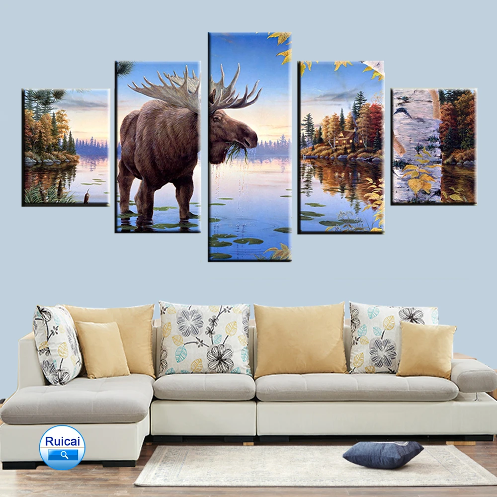 5 шт. HD картина с изображением животных лося оленя роспись искусство река лосят