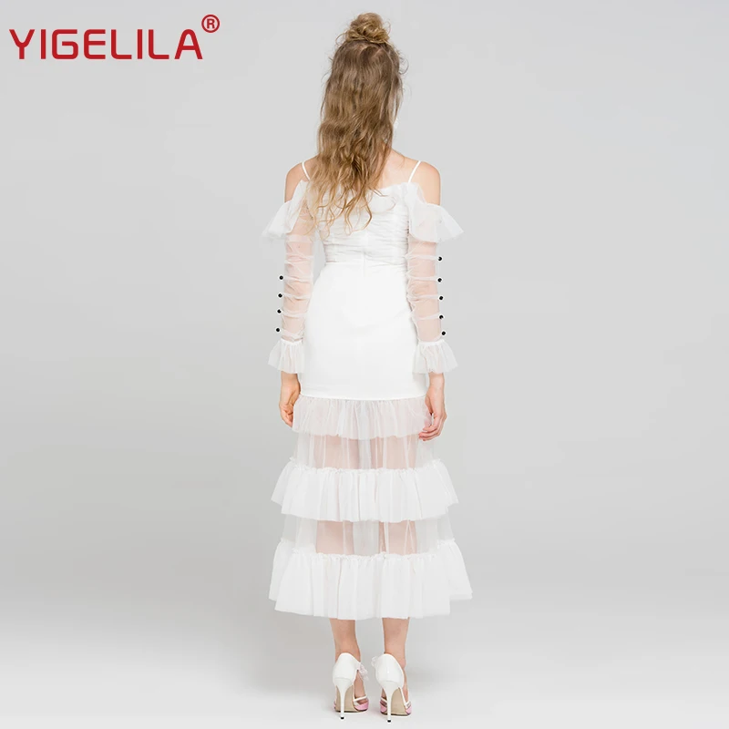YIGELILA модное женское белое Сетчатое вечернее платье с вырезом лодочкой на тонких