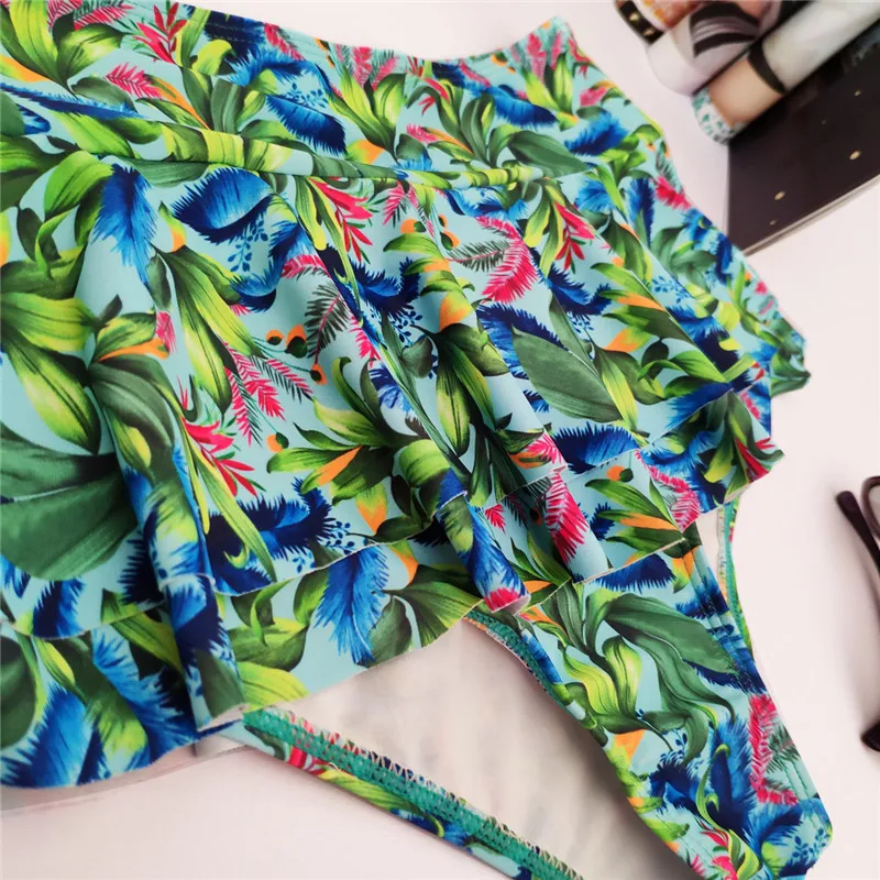 

New Sexy Skirt Bikini Women Swimsuit Multi Layers Bottom Swimwear S-XL Girl Floral Print Bathing Suit Backless Halter Bikini Set