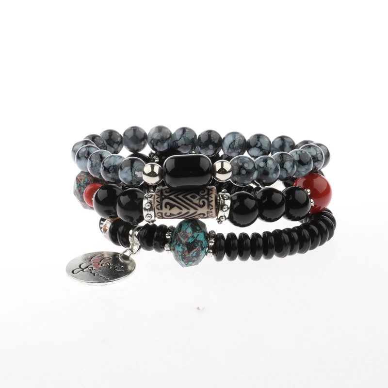 OIQUEI Fashion Jewelry 3PCS/Set Bohemian Vintage Womens Bracelets Multilayer Natural Stone Beads Charm Bracelets For Women