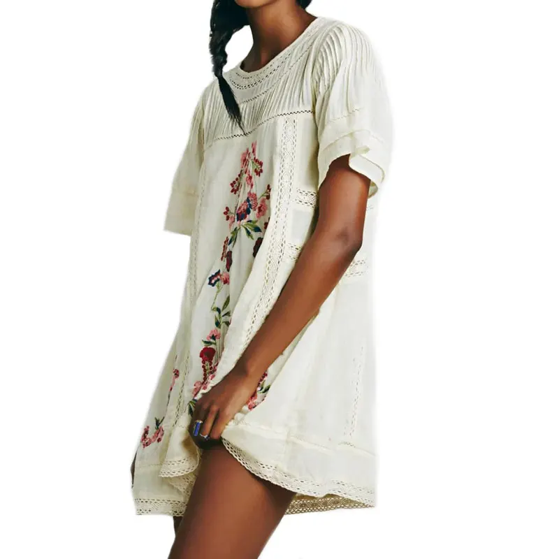 Богемное женское платье с вышивкой винтажное ажурное кружевное короткими