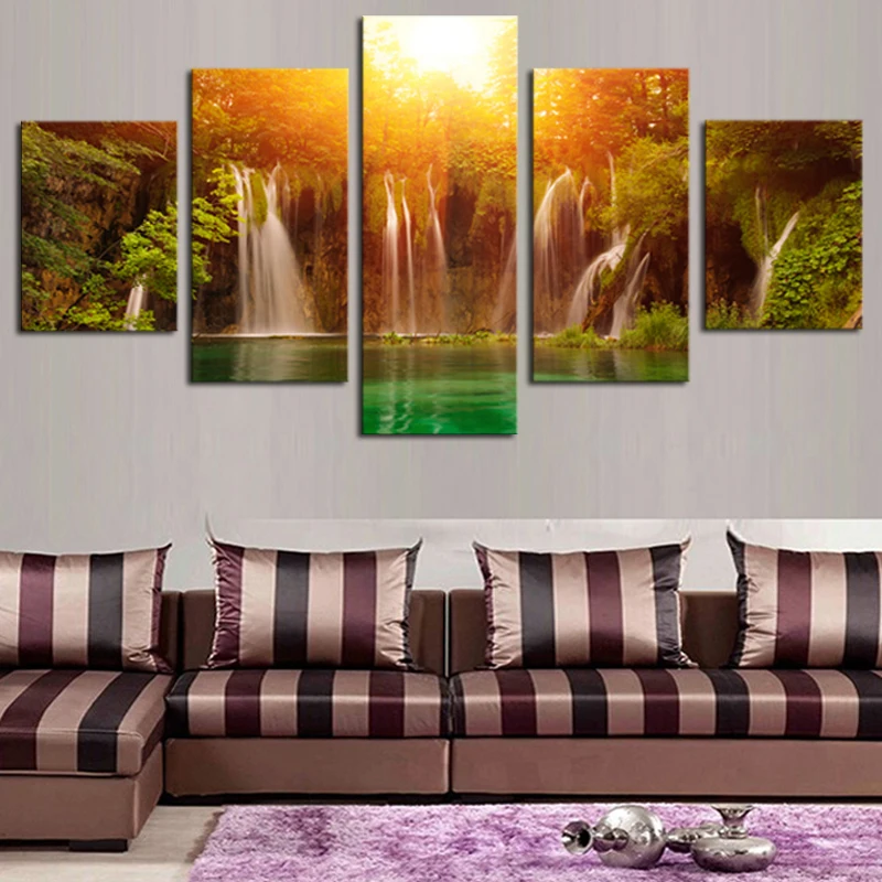 Водопад среди желтое солнце и зеленое озеро Топ-рейтинг холст печать живопись