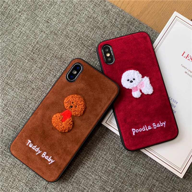 brownish red embroidery leather 3D Cute cartoon toy poodle phone Case For Apple iphone 6 6s 7 8 Plus X XS XR MAX |