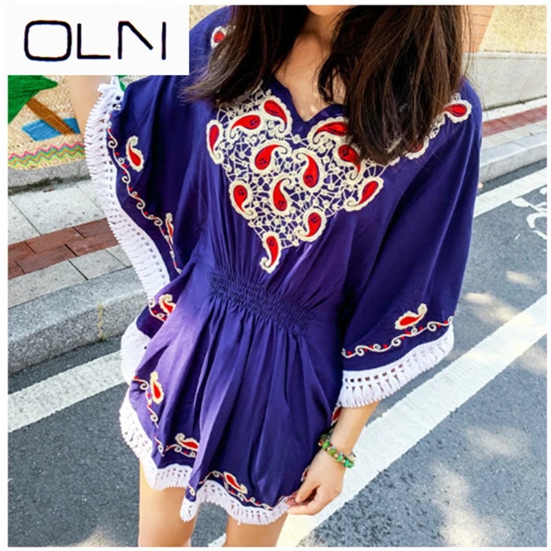 OLN 5XL Размер хлопковая блузка Туника Летняя мода Повседневная Вышивка блузки