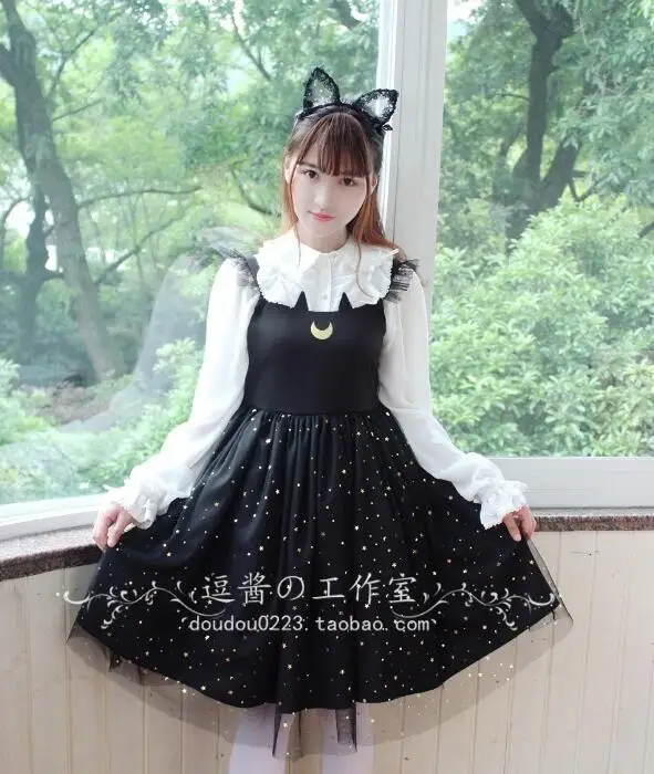

Sweet princess lolita dress cute moon cat printing vintage lace mesh victorian dress kawaii girl gothic lolita jsk loli cos