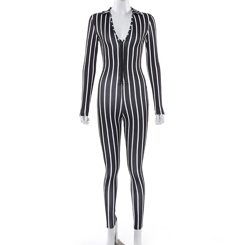 

Bangniweigou Zip Up Long Sleeve Skinny Neon Orange Jumpsuit Autumn High Waist Stripe Overalls Women V Neck Slim Jumpsuit Rompers