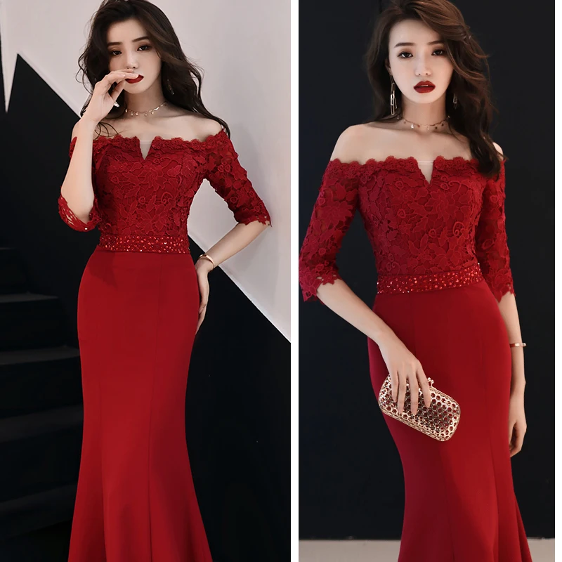 Beauty Emily Prom Gowns Plus size Beading Wine Red Lace Boat Neck Mermaid Floor Length Half Sleeves up Back Dresses | Свадьбы и