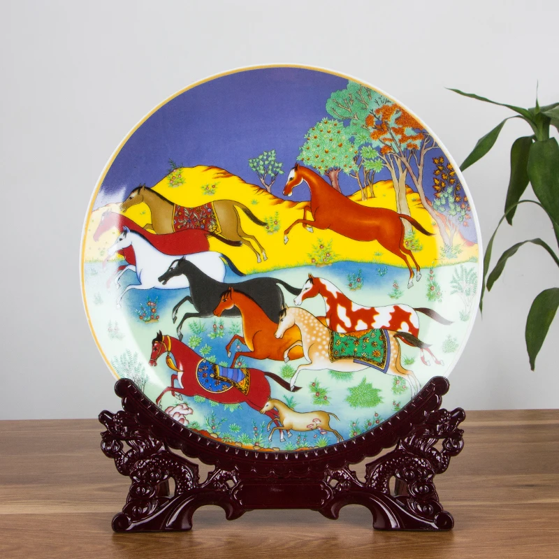 

Красочные лошади керамическая декоративная тарелка Декоративная Тарелка деревянная основа набор фарфоровых тарелок свадебный подарок