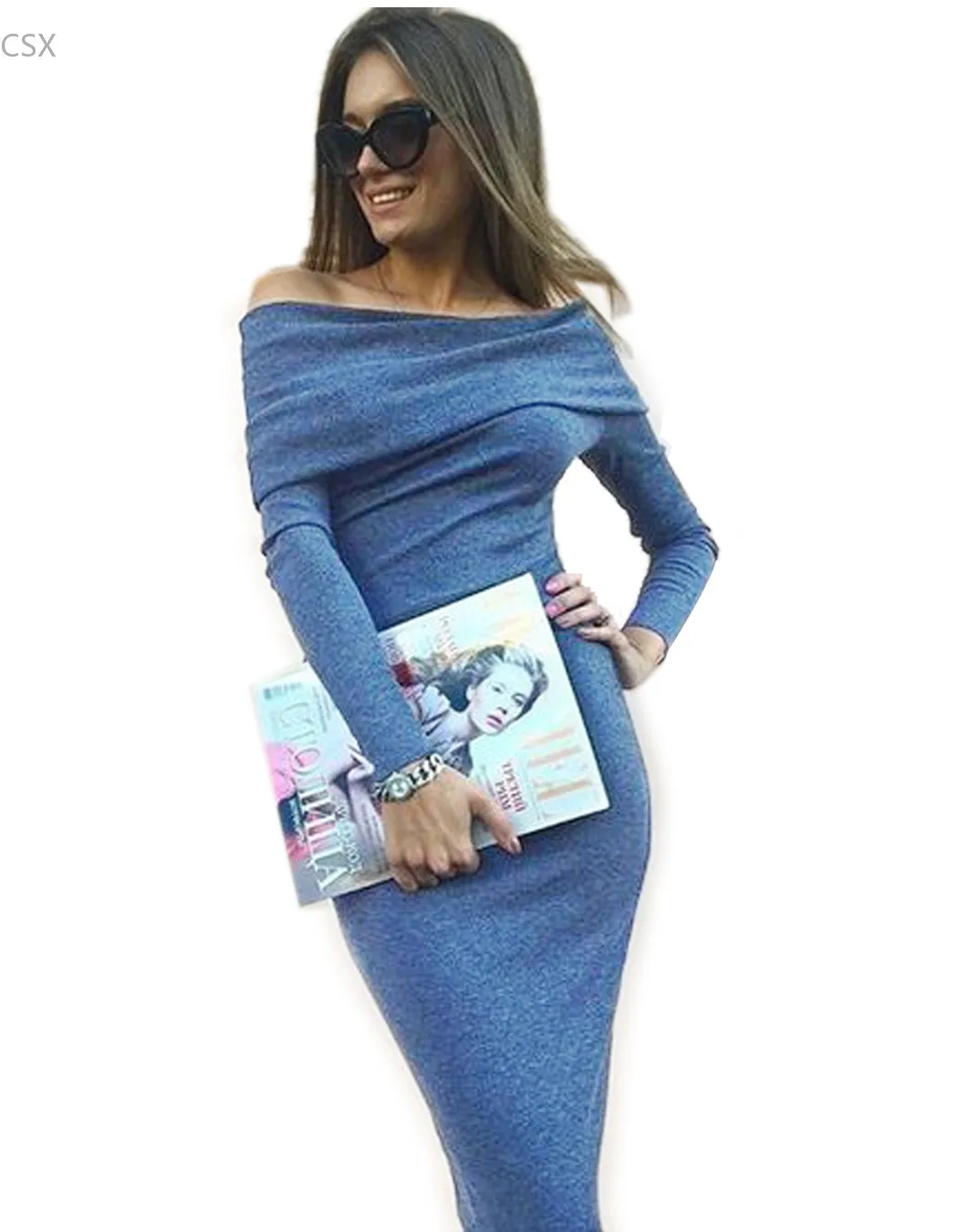 Женское зимнее платье с открытыми плечами привлекательное трикотажное макси до