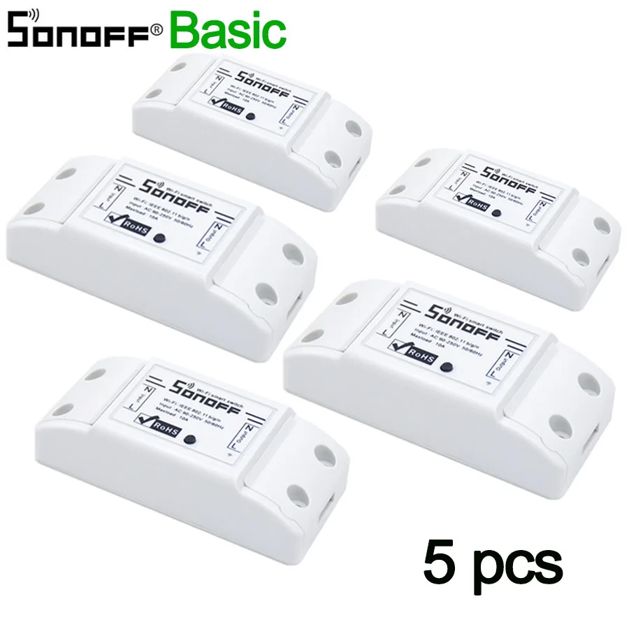 sonoff Basic 5 pcs 1/2/3/4/5/6/8/10 шт. SONOFF Basic Беспроводной Wi-Fi пульт дистанционного управления Переключатель Управление Модуль Автоматизации "сделай сам" Таймер универсальное автомобильное зарядное устройство с дома 10A 220V - Комплект: sonoff Basic 5 pcs