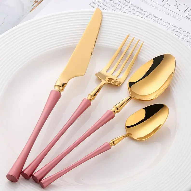 Pink Gold Горячая Распродажа столовый набор столовых приборов, ножи, вилки, ложки, столовая посуда в западном стиле, 304 нержавеющая сталь, домашние вечерние столовые приборы, набор посуды, Прямая поставка - Цвет: Pink Gold