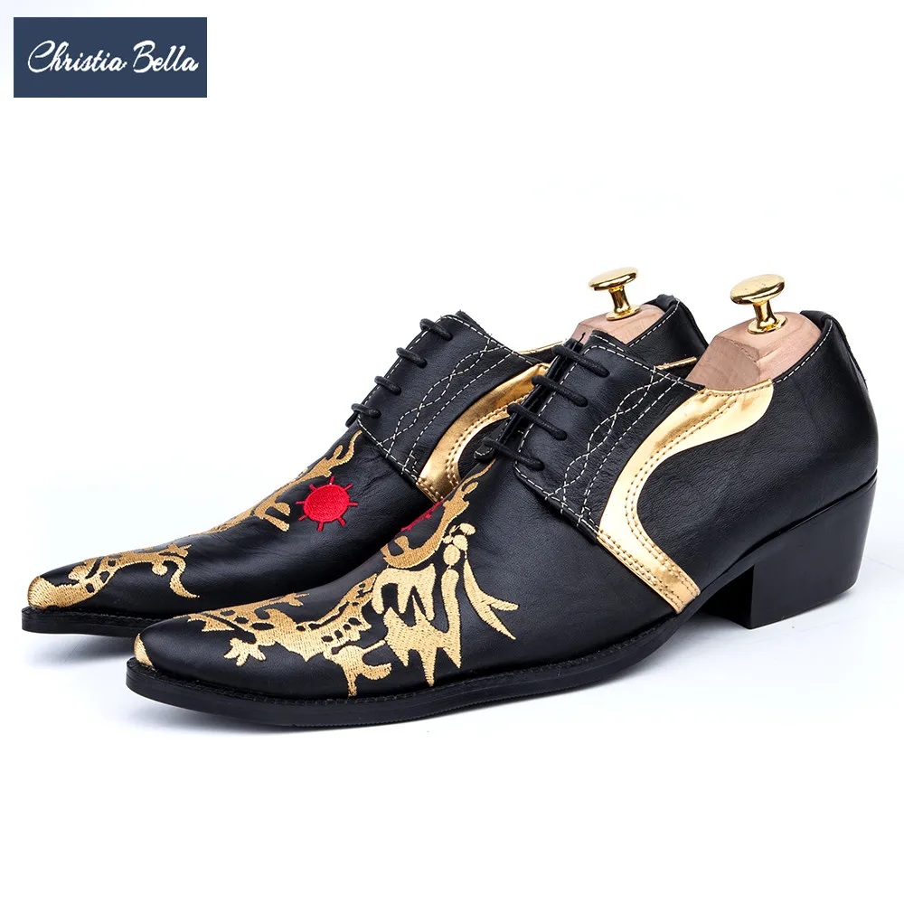 

Christia Bella Fashion Dragon Embroidery Men Oxford Shoes Genuine Leather Party Wedding Dress Shoes Lace Up Men Brogue Shoes