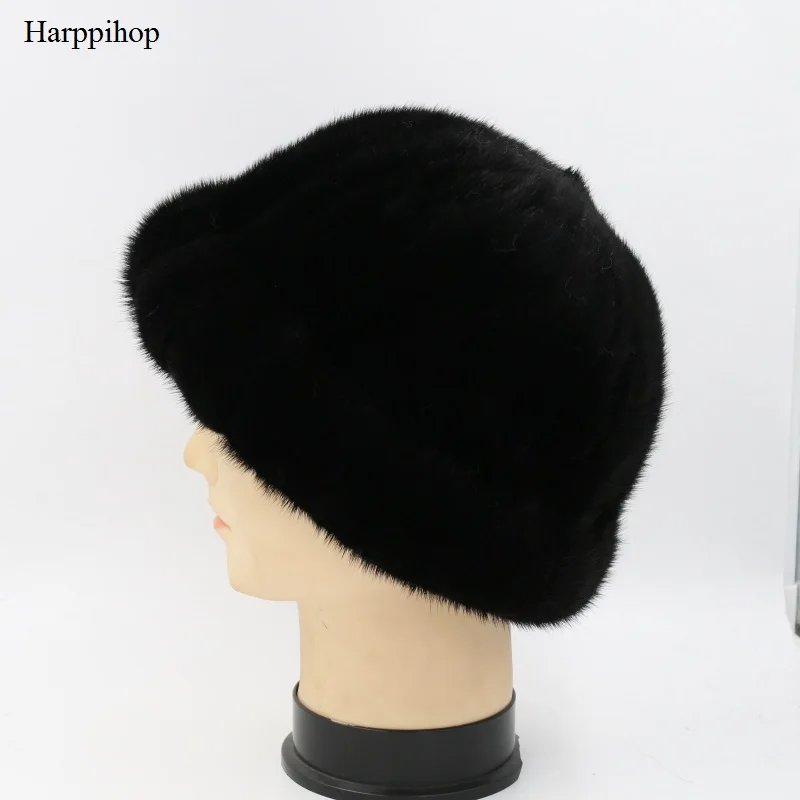 Шапка Harppihop s натуральный мех норки, шапка, модная женская шапка для девушек, шапочки, утолщенная, сохраняющая тепло