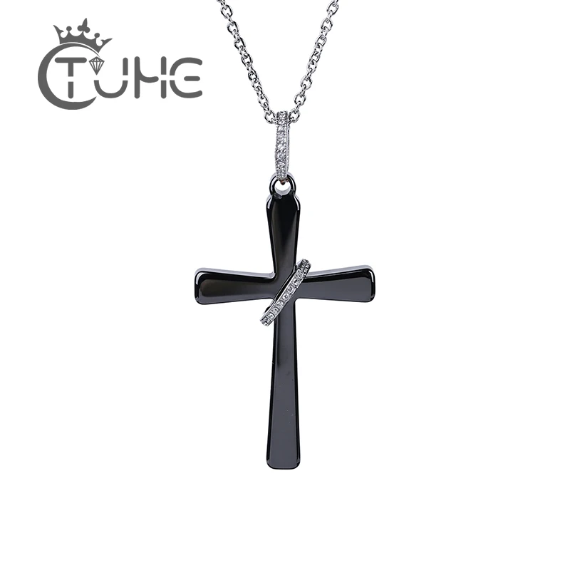 

New Fashion Cross Ceramic Pendant Necklace for Women Female AAA Cubic Zircons Black Healthy Ceramic Jesus Necklace Jewelry Gift