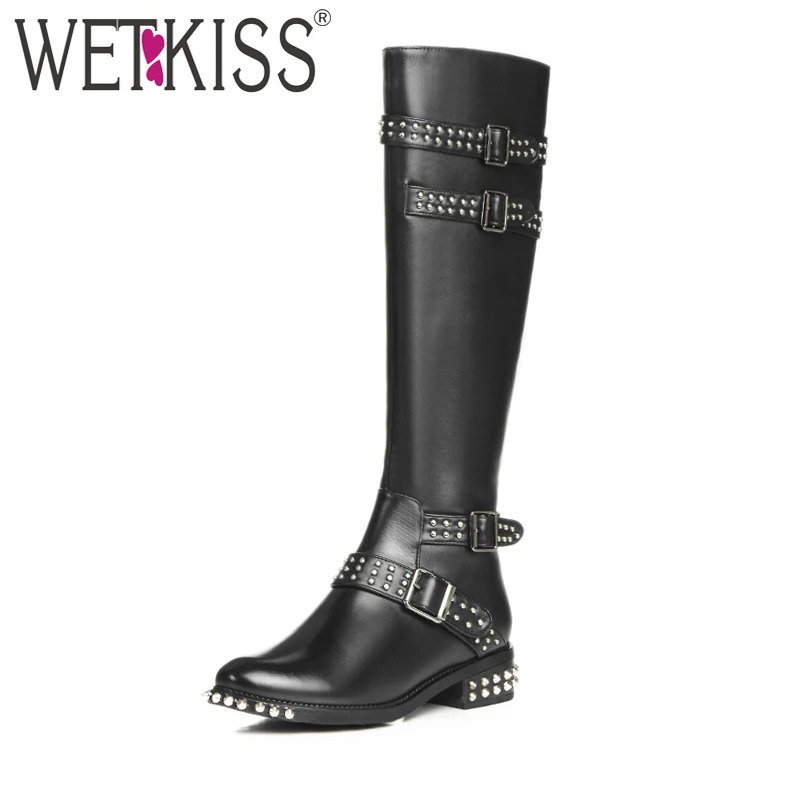 WETKISS/; Классная ЗАКЛЕПКА; сапоги до колена; женские мотоциклетные сапоги из натуральной кожи с пряжкой и ремешком; зимняя обувь на молнии; не сужающийся книзу массивный каблук