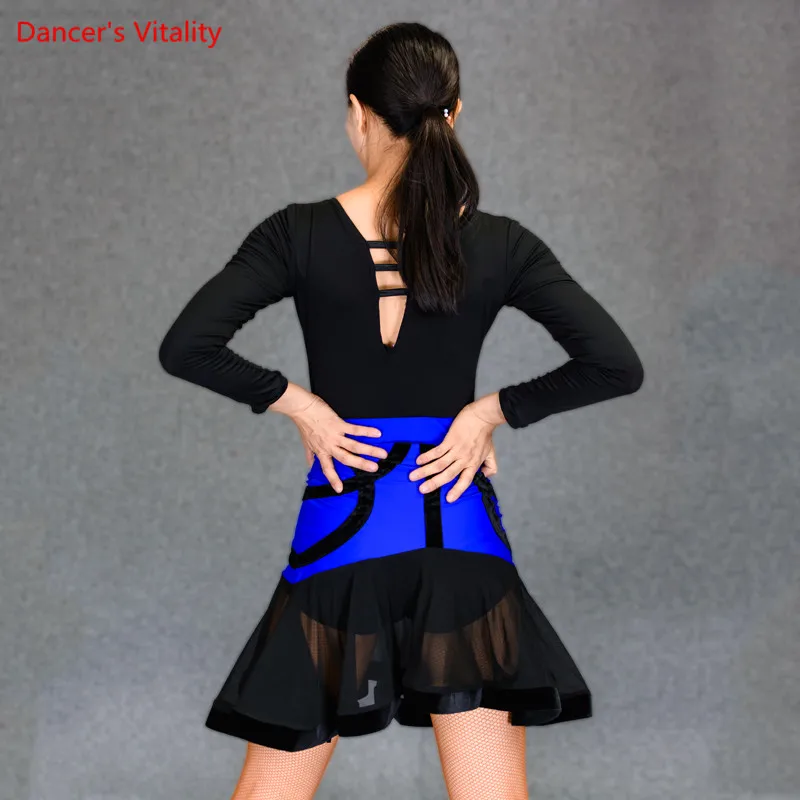 Women Latin Dance Suit Performance Clothing Black Milk Fiber Tops+Blue Fishbone skirt 2pcs Set For Lady Stage Practice Costumes |