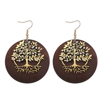 zwpon gold crystal tree of life art deco wooden round earrings for women large wooden disc earrings jewelry wholesale