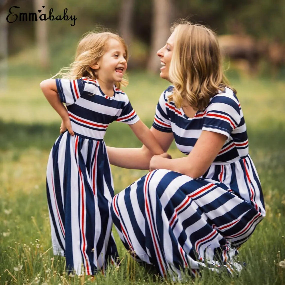 Одежда для мамы и дочки платья с коротким рукавом в полоску макси семейная одежда