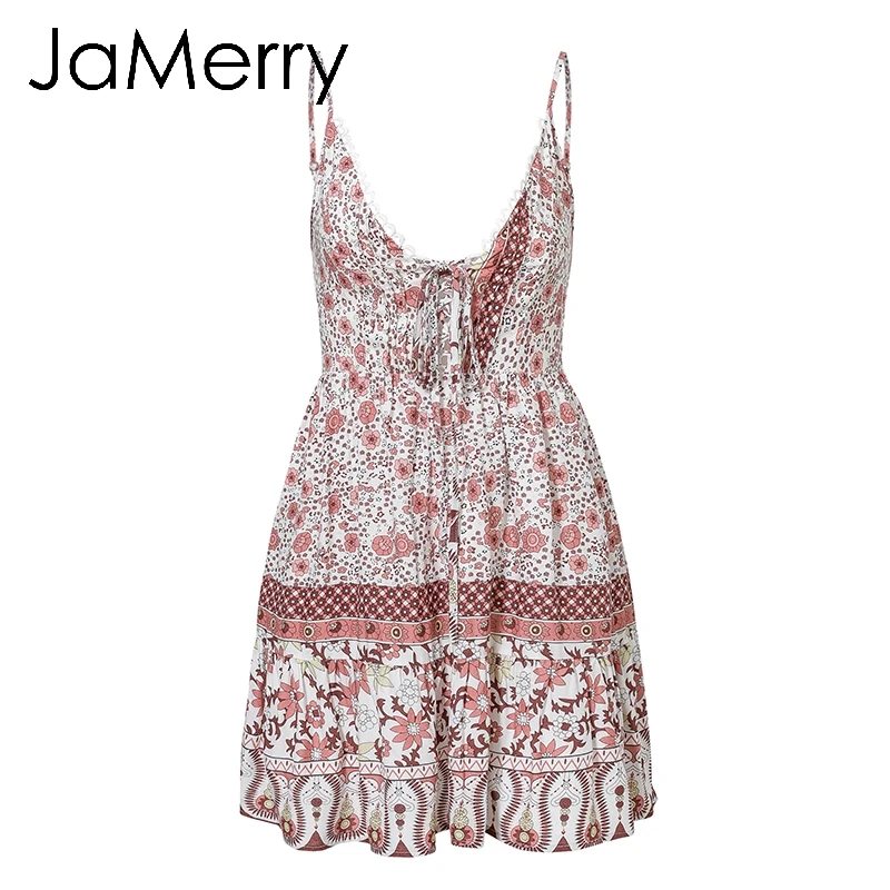 JaMerry Boho женское мини платье с принтом летнее праздничное на тонких бретельках